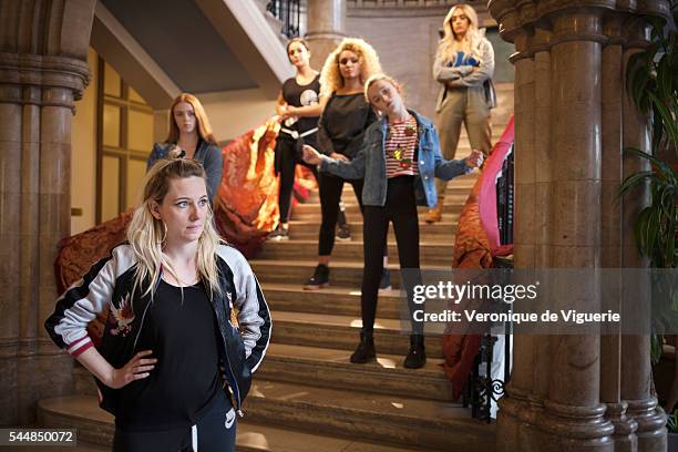 Delaney with dancers Larsen Thompson and Taylor Hatala, plus girlband M.O members Annie Ashcroft, Frankee Connolly and Nadine Samuels on the set of a...