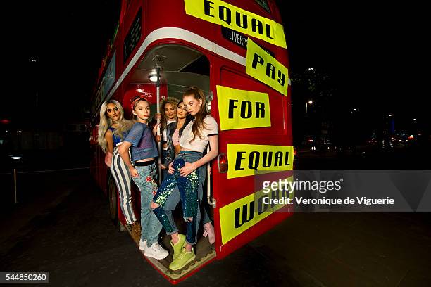 Girlband M.O member Nadine Samuels, dancer Taylor Hatala, M.O members Frankee Connolly and Annie Ashcroft, and dancer Larsen Thompson on the set of a...