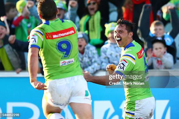 Jordan Rapana of the Raiders celebrates after scoring a golden point try during the round 17 NRL match between the Canberra Raiders and the Newcastle...