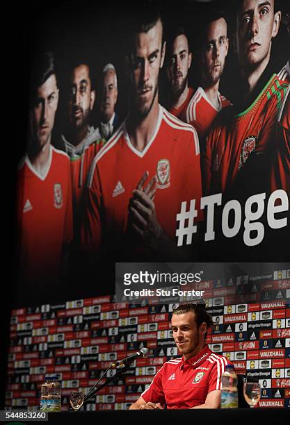 Wales player Gareth Bale faces the media during the Wales press conference ahead of their UEFA Euro 2016 semi final against Portugal at College Le...