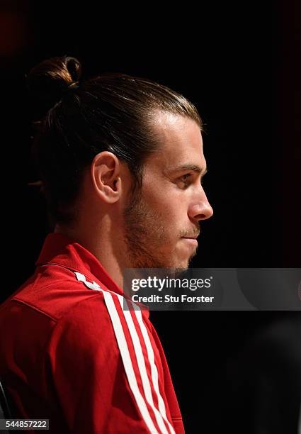 Wales player Gareth Bale faces the media during the Wales press conference ahead of their UEFA Euro 2016 semi final against Portugal at College Le...