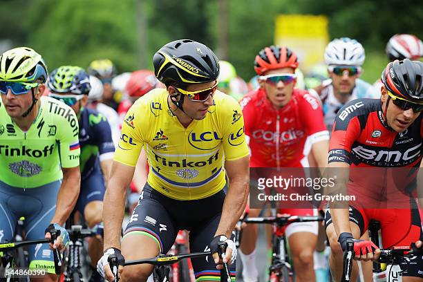 Race leader Peter Sagan of Slovakia and the Tinkoff team rides at the front of the peloton during stage three of the 2016 Tour de France, a 223.5km...