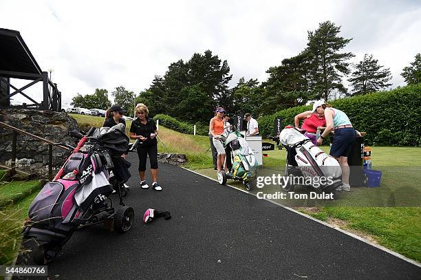 Margaret Richardson and Katie Rule of Mullion Golf Club chat prior to the WPGA Lombard Trophy National Pro-Am South Regional Qualifier at Camberley...