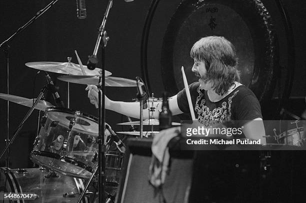 Drummer John Bonham on stage with British heavy rock group Led Zeppelin, at Earl's Court, London, May 1975. The band were initially booked to play...