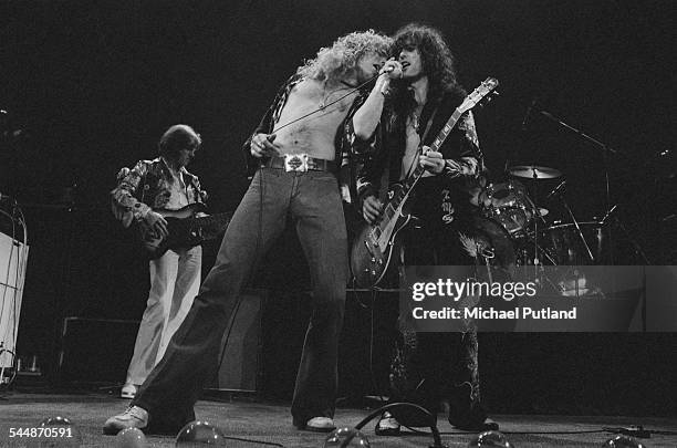 John Paul Jones, Robert Plant and Jimmy Page, of British heavy rock group Led Zeppelin, performing at Earl's Court, London, May 1975. The band were...