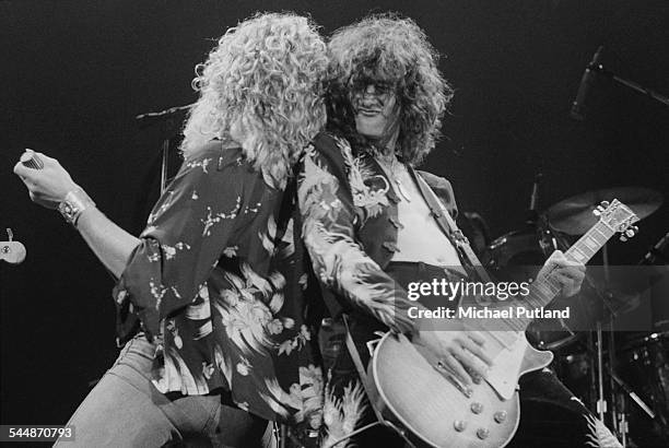 Robert Plant and Jimmy Page performing with British heavy rock group Led Zeppelin, at Earl's Court, London, May 1975. The band were initially booked...