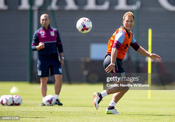 Stiliyan Petrov of Aston Villa in action during a Aston Villa training session at the club's training ground at Bodymoor Heath on July 04, 2016 in...