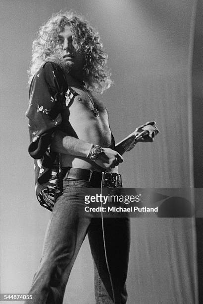 Singer Robert Plant performing with British heavy rock group Led Zeppelin, at Earl's Court, London, May 1975. The band were initially booked to play...