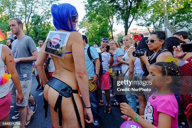 The Pride Parade during the Madrid Gay Pride Festival on June 29, 2016 in Madrid, Spain. Madrid Gay Pride Festival is one of the biggest around the...