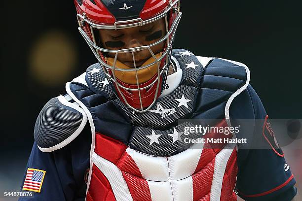 Martin Maldonado of the Milwaukee Brewers looks on in the second inning against the Washington Nationals at Nationals Park on July 4, 2016 in...