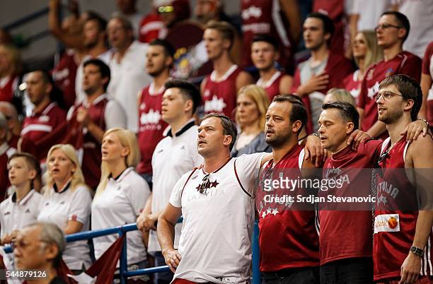 Latvia's fans give their support prior the 2016 FIBA World Olympic Qualifying basketball Group A match between Japan and Latvia at Kombank Arena on...