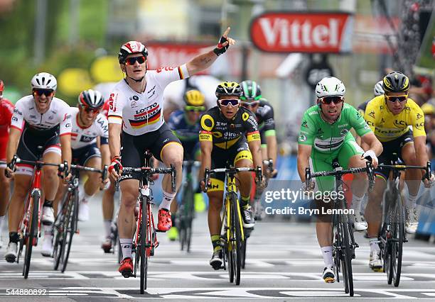 Andre Greipel of Germany and Lotto Soudal reacts on the finishline, but was beaten by Mark Cavendish of Great Britain and Team Dimension Data during...