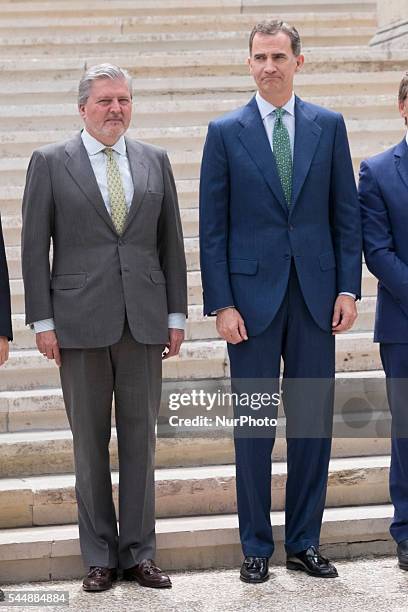 Inigo Mendez de Vigo and King Felipe VI of Spain attend 'CJC 2016 El Centenario De Un Nobel' Exhibition at the National Library on July 4, 2016 in...