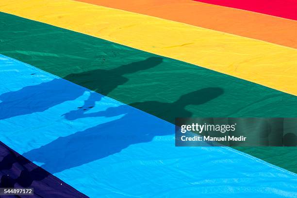 View of a shadow of a couple holding hands during a Gay Pride March at San Martin Square on July 02, 2016 in Lima, Peru.