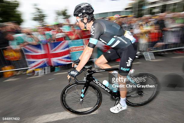 Geraint Thomas of Great Britain riding for Team Sky rides to the start of stage three of the 2016 Le Tour de France a 223.5km stage from Granville to...