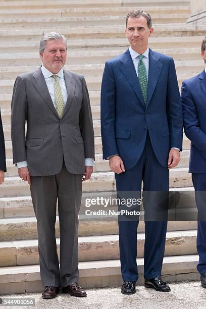Inigo Mendez de Vigo and King Felipe VI of Spain attend 'CJC 2016 El Centenario De Un Nobel' Exhibition at the National Library on July 4, 2016 in...
