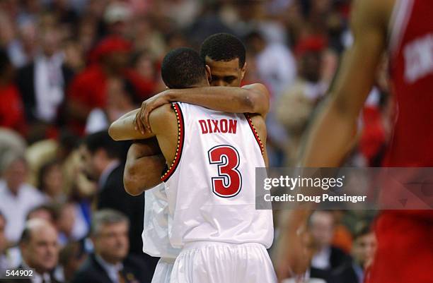 Bryon Mouton and Juan Dixon of Maryland celebrate during the men's NCAA National Championship game at the Georgia Dome in Atlanta, Georgia. Maryland...