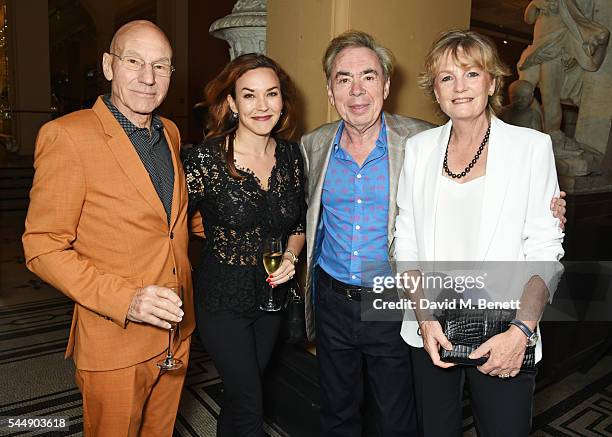 Sir Patrick Stewart, Sunny Ozell, Lord Andrew Lloyd Webber and Lady Madeleine Lloyd Webber attend the Olivier Awards Summer Party in celebration of...