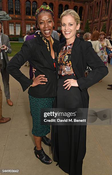 Noma Dumezweni and Denise Gough attend the Olivier Awards Summer Party in celebration of the new exhibition "Curtain Up" at The V&A on July 4, 2016...