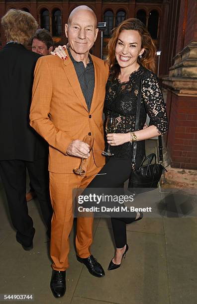 Sir Patrick Stewart and Sunny Ozell attend the Olivier Awards Summer Party in celebration of the new exhibition "Curtain Up" at The V&A on July 4,...