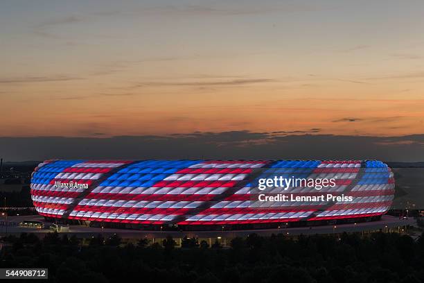 The Allianz Arena is illuminated with the flag of the United States of America to celebrate the Independance Day on July 4, 2016 in Munich, Germany.