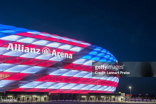 The Allianz Arena is illuminated with the flag of the United States of America to celebrate the Independance Day on July 4, 2016 in Munich, Germany.