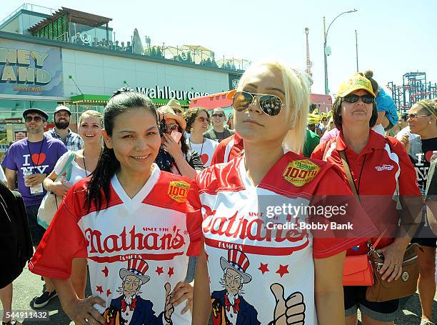 Competitive eaters Miki Sudo and Sonya Thomas compete in the women's division of the 2016 Nathans Famous 4th Of July International Hot Dog Eating...