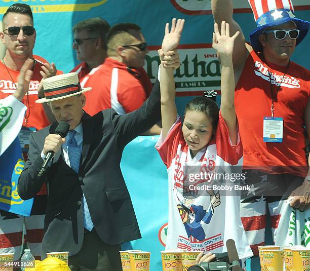 Competitive eater Sonya Thomas attends the 2016 Nathans Famous 4th Of July International Hot Dog Eating Contest at Coney Island on July 4, 2016 in...