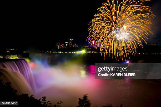 Fireworks set off from the Canadian side light up the sky over Niagra Falls late July 3 part of the July 4th US Independence Day celebrations, in...