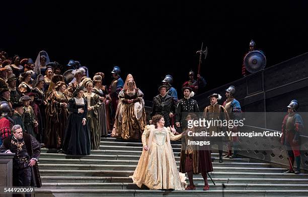 American soprano Angela Meade and Spanish tenor Placido Domingo perform during the final dress rehearsal prior to the season premiere of the...