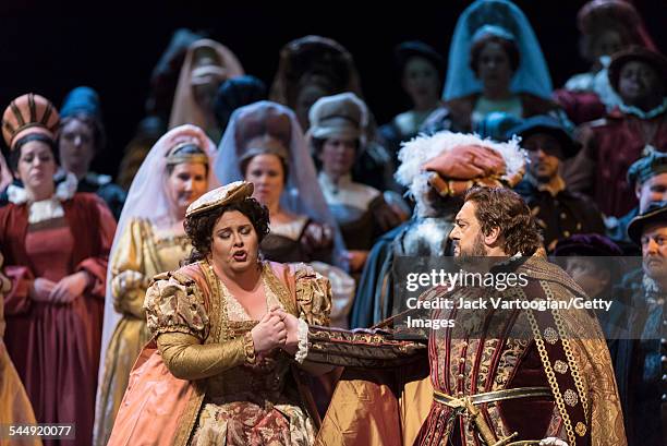 American soprano Angela Meade and Spanish tenor Placido Domingo perform during the final dress rehearsal prior to the season premiere of the...