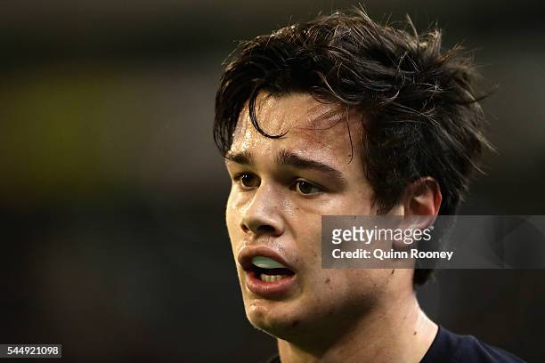 Jack Silvagni of the Blues looks on during the round 15 AFL match between the Carlton Blues and the Collingwood Magpies at Melbourne Cricket Ground...