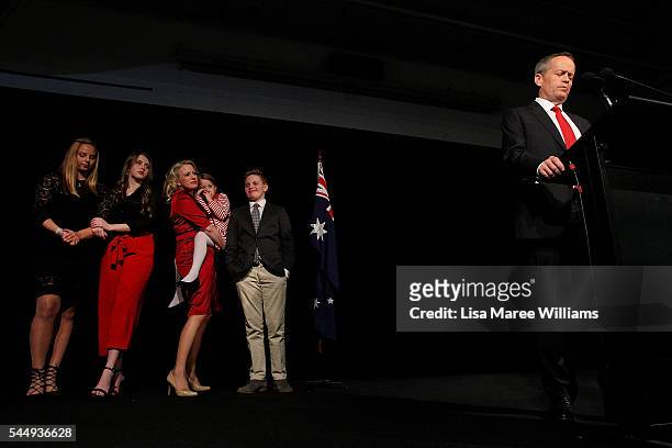 Bill Shorten is joined by wife Chloe Shorten and family Alexandria, Georgette, Clementine and Rupert while thanking Labor party supporters at Moonee...