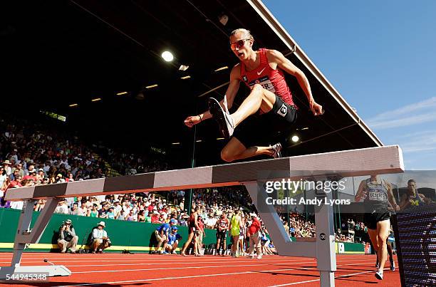 Evan Jager competes in the Men's 3000 Meter Steeplechase during the 2016 U.S. Olympic Track & Field Team Trials at Hayward Field on July 4, 2016 in...