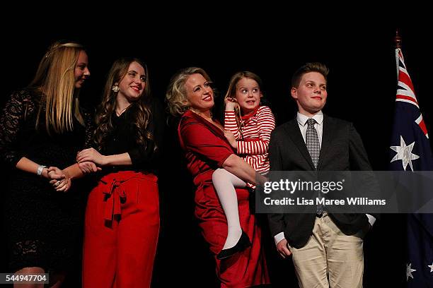 Chloe Shorten and family Alexandra, Georgette, Clementine and Rupert join Leader of the Labor Party, Bill Shorten on stage at Moonee Valley Racing...