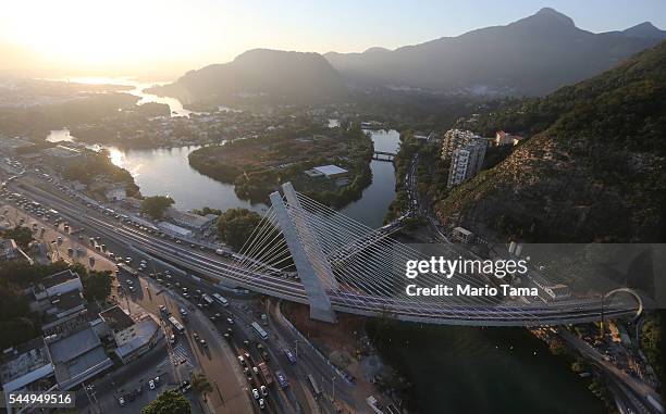Construction continues on the cable-stayed bridge which will carry the new Metro Line 4 subway line into the Barra da Tijuca neighborhood on July 4,...