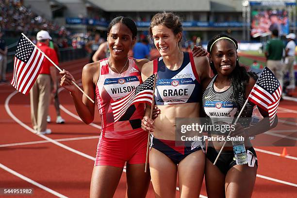 Kate Grace, first place, Ajee Wilson, second place, and Chrishuna Williams, third place celebrate after the Women's 800 Meter Final during the 2016...