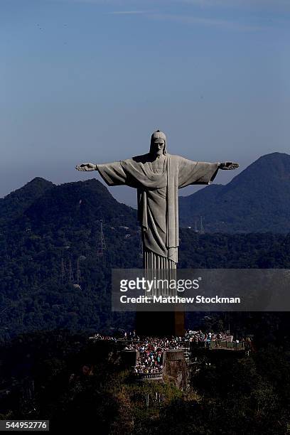 Aerial view of Christ the Redeemer in preparation for the 2016 Olympic Games on July 4, 2016 in Rio de Janeiro, Brazil.