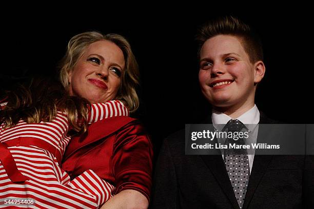 Chloe Shorten and children Clementine and Rupert join Leader of the Labor Party, Bill Shorten on stage at Moonee Valley Racing Club on July 2, 2016...