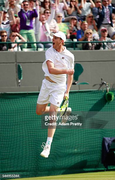 Sam Querrey of The United States celebrates victory during the Men's Singles third round match against Novak Djokovic of Serbia on day six of the...