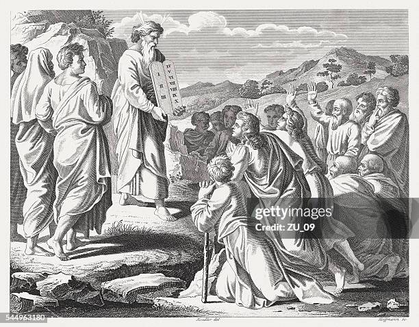 moses with the new tablets of the covenant (exodus 34) - moses stock illustrations