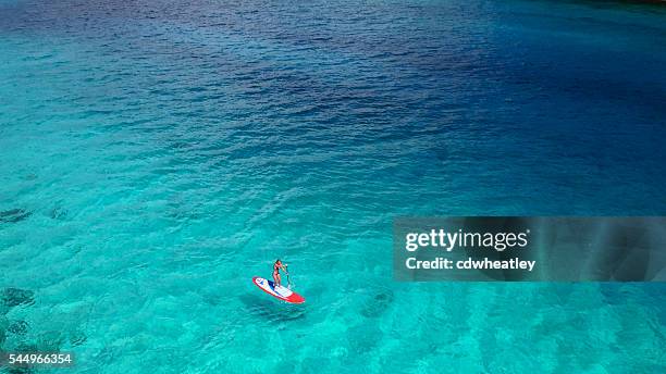 aerial view of woman on paddleboard - turquoise colored stock pictures, royalty-free photos & images
