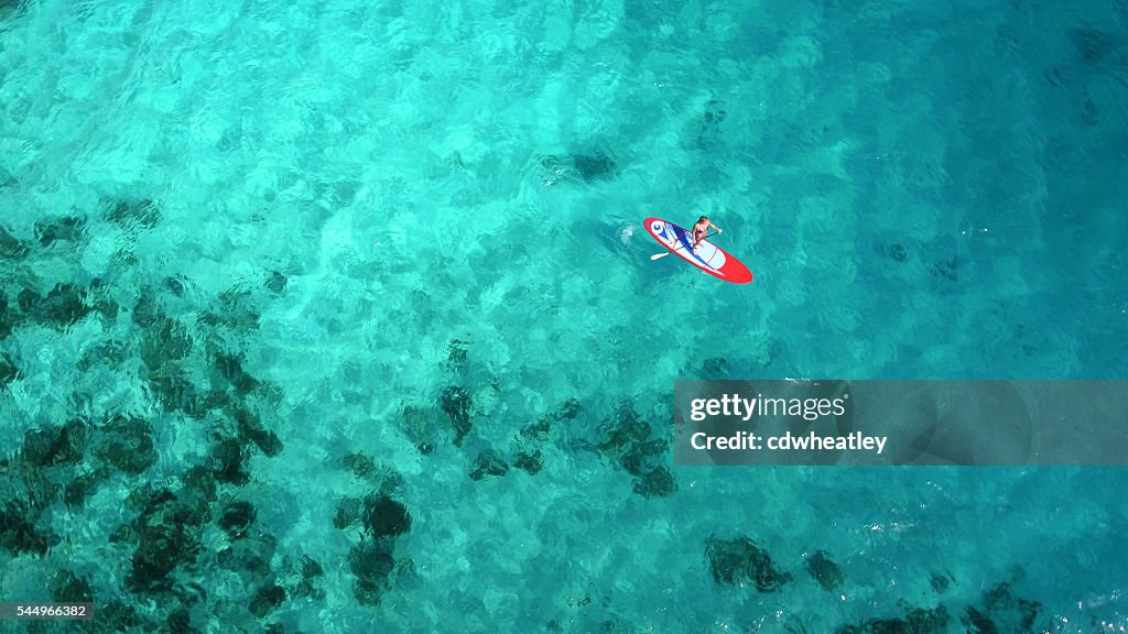 Aerial view of woman on paddleboard