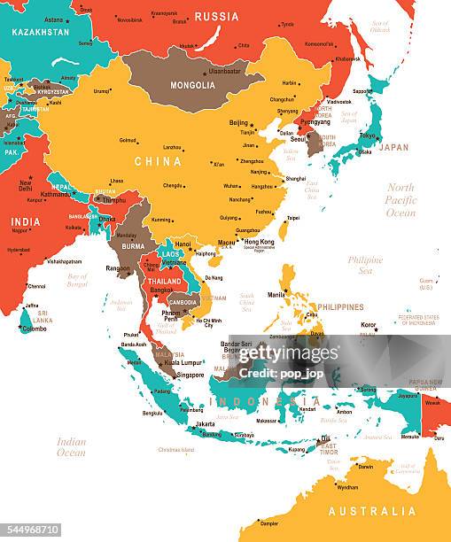 ilustrações, clipart, desenhos animados e ícones de colorido mapa do leste da ásia - indonésia