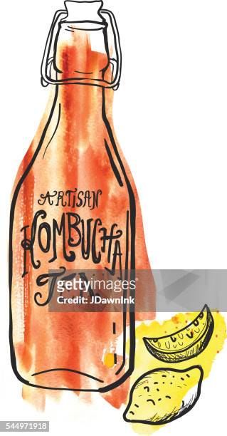 ilustraciones, imágenes clip art, dibujos animados e iconos de stock de artisan kombucha té etiqueta de diseño de letras a mano - artisanal food and drink