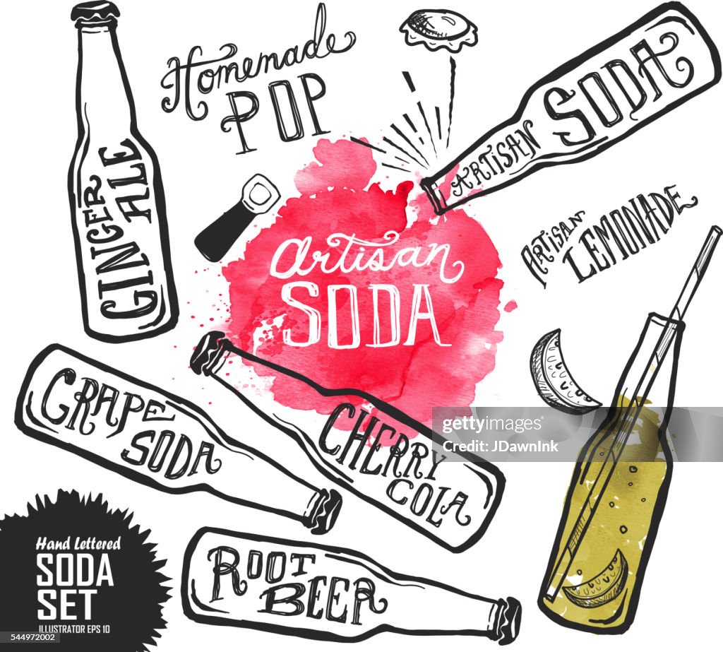 Set of Artisan soda pop label and bottle on watercolor