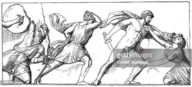 from amazon frieze of the mausoleum to halicarnassus. - mausoleum at halicarnassus stock illustrations