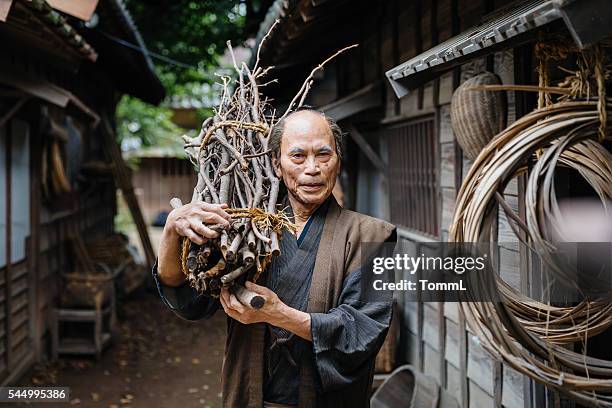 portrait of a traditional japanese man in edo period town - topknot stock pictures, royalty-free photos & images