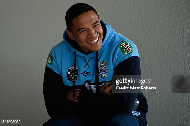 Tyson Frizell of the Blues shares a laugh with media before a New South Wales Blues State of Origin media opportunity at Novotel Coffs Harbour on...