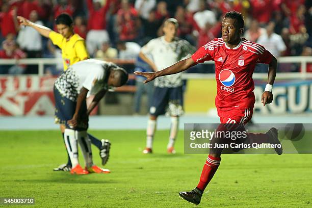 Brayan Angulo of America de Cali celebrates after scoring the opening goal during a match between Atletico FC and America de Cali as part of round 1...